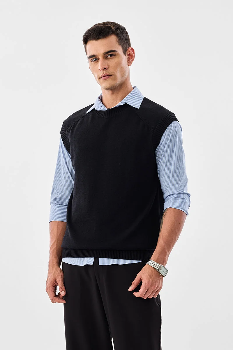 سنيتش Black Solid Sleeveless Relaxed Sweater