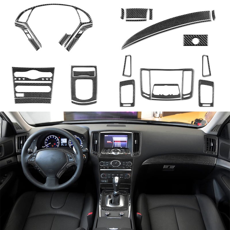NVCNX حقيقي من ألياف الكربون الممتازة متوافق مع إنفينيتي G37 2011 2012 2013 كوبيه سيدان قابلة للتحويل ملحقات غطاء لوحة التحكم الداخلية مجموعة تزيين سوداء 28 قطعة