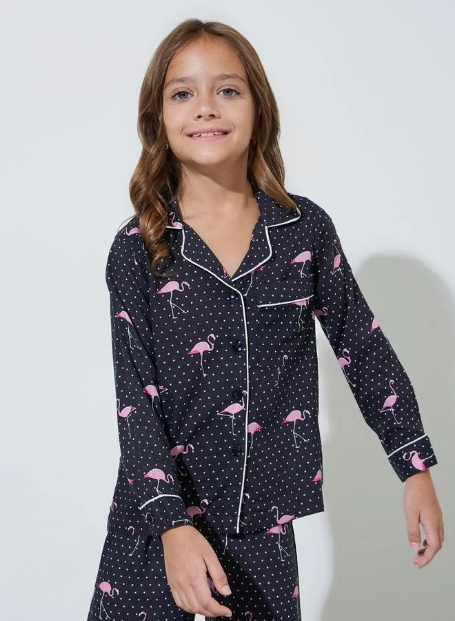 Styli Girls Black Flamingo Print Shirt and Pants Pyjama Set