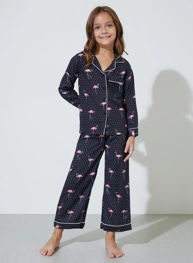 Styli Girls Black Flamingo Print Shirt and Pants Pyjama Set