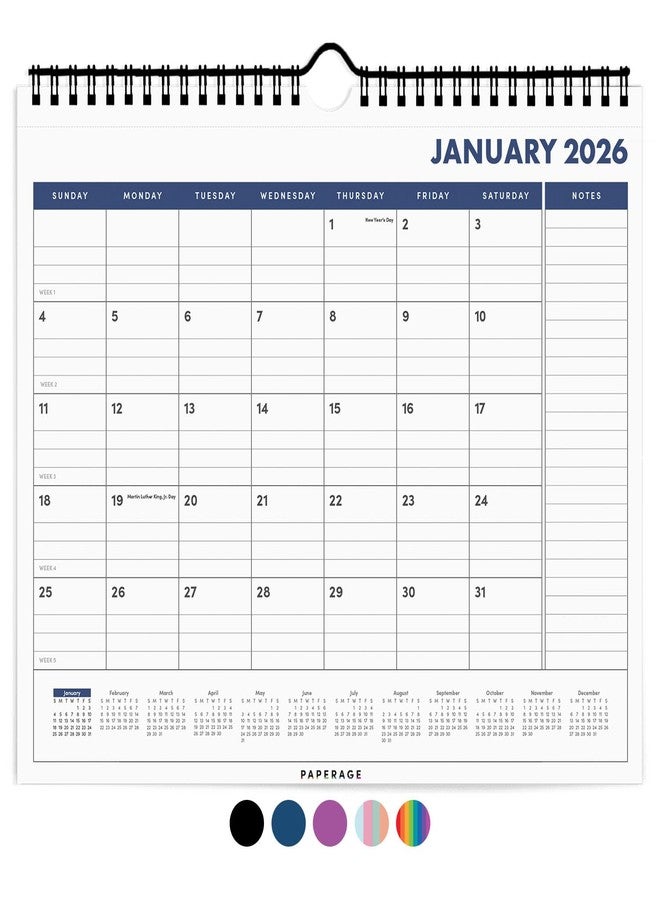 PAPERAGE 2026 Calendar, 12 Months (January 2026 - December 2026), Small (9 in x 11 in), Minimalist Wall and Desk Calendar with Monthly Views, Yearly Plans & Notes Section - Navy - Image 1