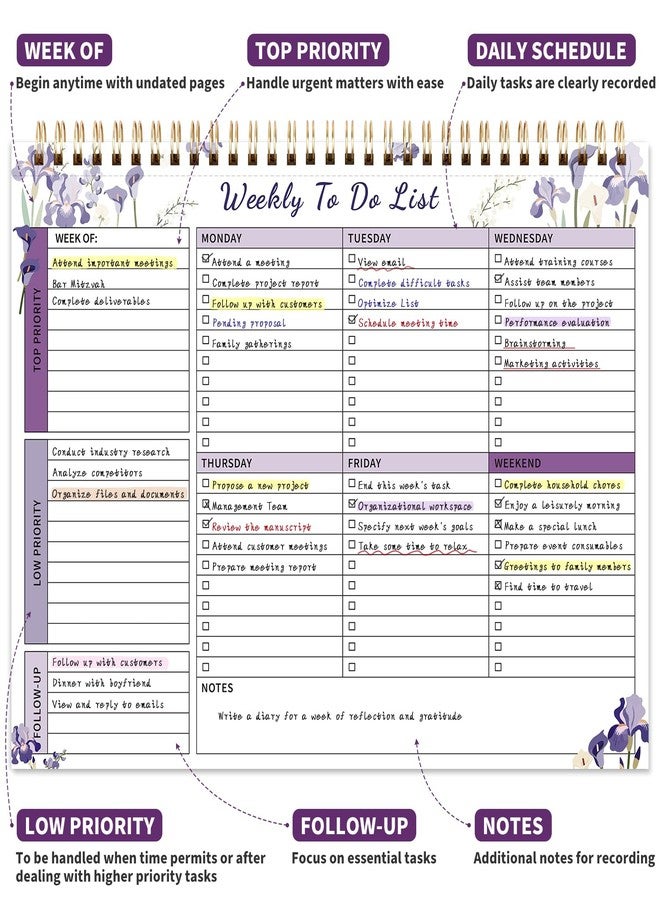 ALKALO 104 Pgs Weekly To Do List Notepad, 52 Duplex-Printed Undated Sheets 100 GSM（8.5"×11") Weekly Desk Planner For Work Home School Office Desk Accessories Supplies & Goal Setting Tasks - Purple - Image 2