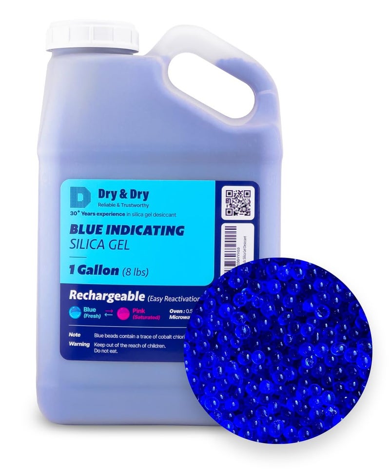 Dry & Dry [8 LBS] Blue Indicating Silica Gel Beads Desiccants (Industry Standard 3-5 mm) - Reusable Desiccant Beads Silica Beads(Blue to Pink) - Image 1