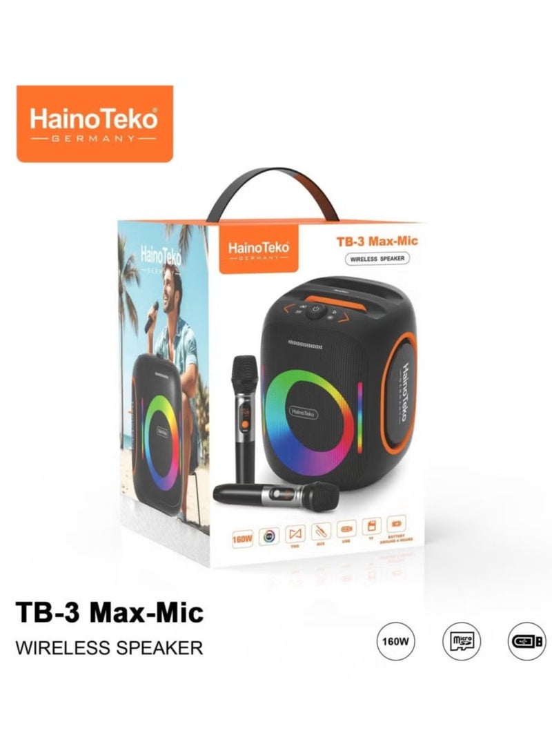 HainoTeko TB--3 Max Wireless Portable Bluetooth Speaker with 2 Wireless Mics –- 160W Output Power, RGB Lighting, Multi-Functional Button Control, Indoor & Outdoor Use, Black  - Image 5