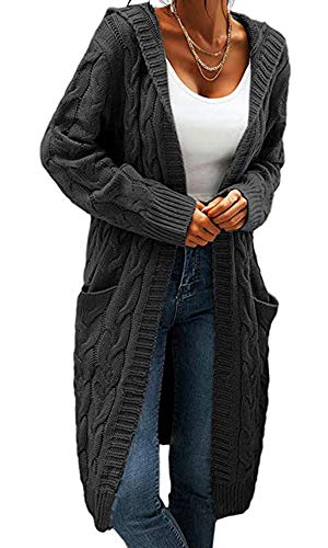Bwogeeya Women Hooded Open Front Cardigan Cable Knit Sweaters Solid Color Chunky Long Sweater Coats - Image 5