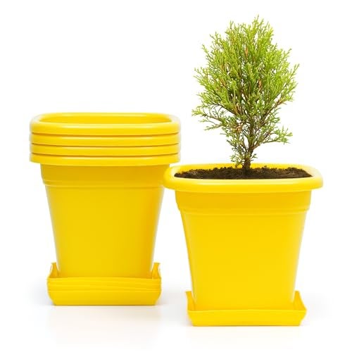 Livzing 9 Inch Flower Pots with Bottom Tray | Indoor and Outdoor Flower Pot for Home, Office, Garden, Balcony | UV Resistant-Virgin Plastic- Square Planters for Plants - Pack of 5 -Yellow - Image 1