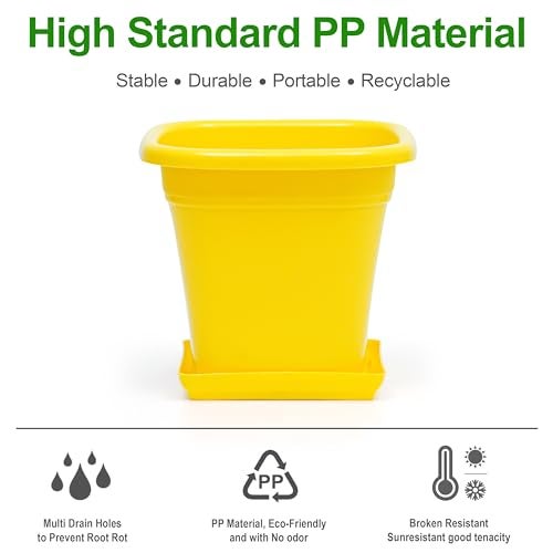 Livzing 9 Inch Flower Pots with Bottom Tray | Indoor and Outdoor Flower Pot for Home, Office, Garden, Balcony | UV Resistant-Virgin Plastic- Square Planters for Plants - Pack of 5 -Yellow - Image 4