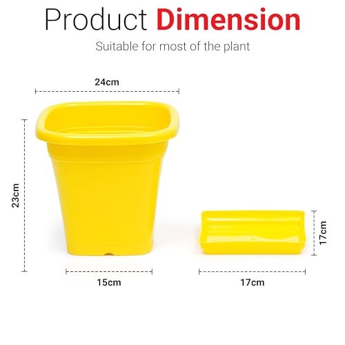 Livzing 9 Inch Flower Pots with Bottom Tray | Indoor and Outdoor Flower Pot for Home, Office, Garden, Balcony | UV Resistant-Virgin Plastic- Square Planters for Plants - Pack of 5 -Yellow - Image 2