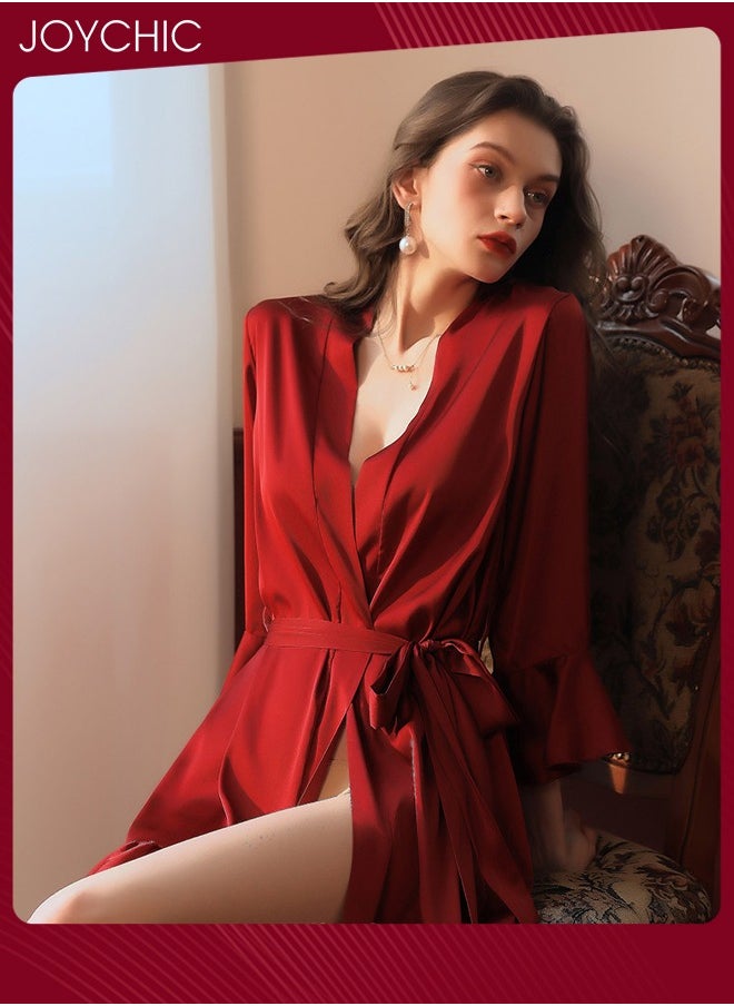 Joychic - French Romantic Female Satin Nightgown Delicate Flounces Design Cuff Pajamas Women  Breathable V Cardigan Charming Sleepwear Wine Red - Image 1