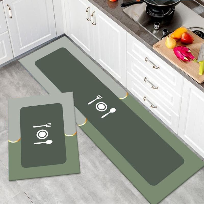 Outlay Home 2 Pcs Kitchen Mats - Waterproof Memory Foam Standing Desk Floor Mat Non Slip Rugs, Comfort Runner Rug Floor Carpets for Kitchen Home Office, Sink & Laundry(120 * 40 cm, 40 * 60 cm) (Green Spoon Fork) - Image 1