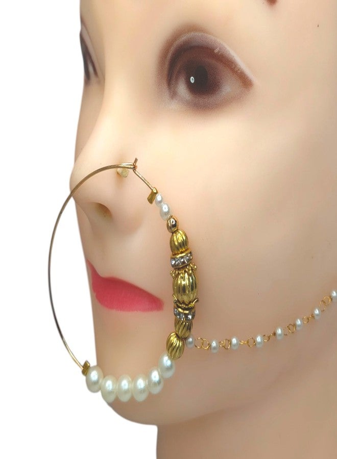SUN SHINE Traditional Gold Pearl Nath Nose Ring, Indian Bridal Jewelry, Kundan Style - Image 3