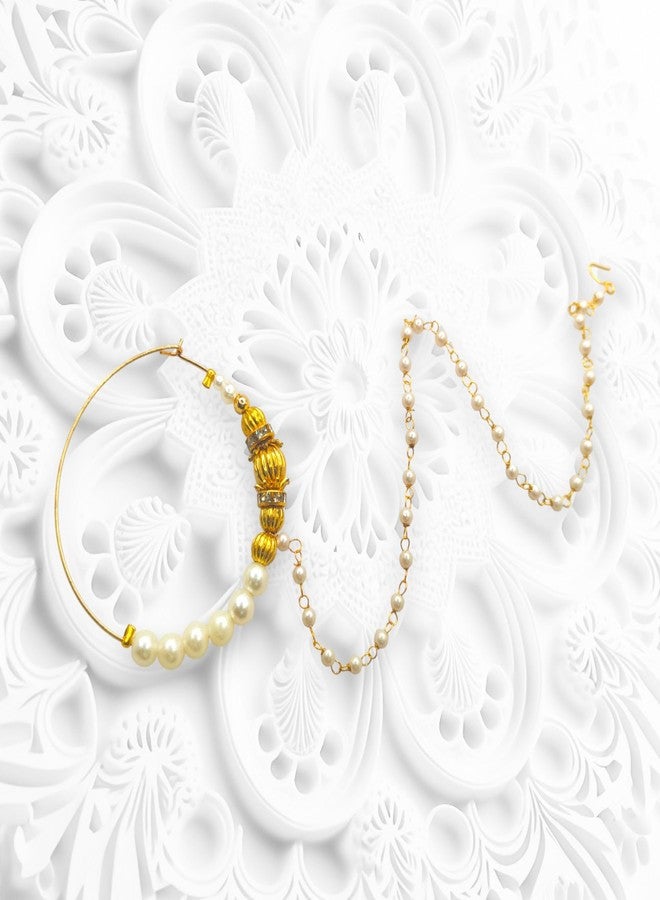 SUN SHINE Traditional Gold Pearl Nath Nose Ring, Indian Bridal Jewelry, Kundan Style - Image 4