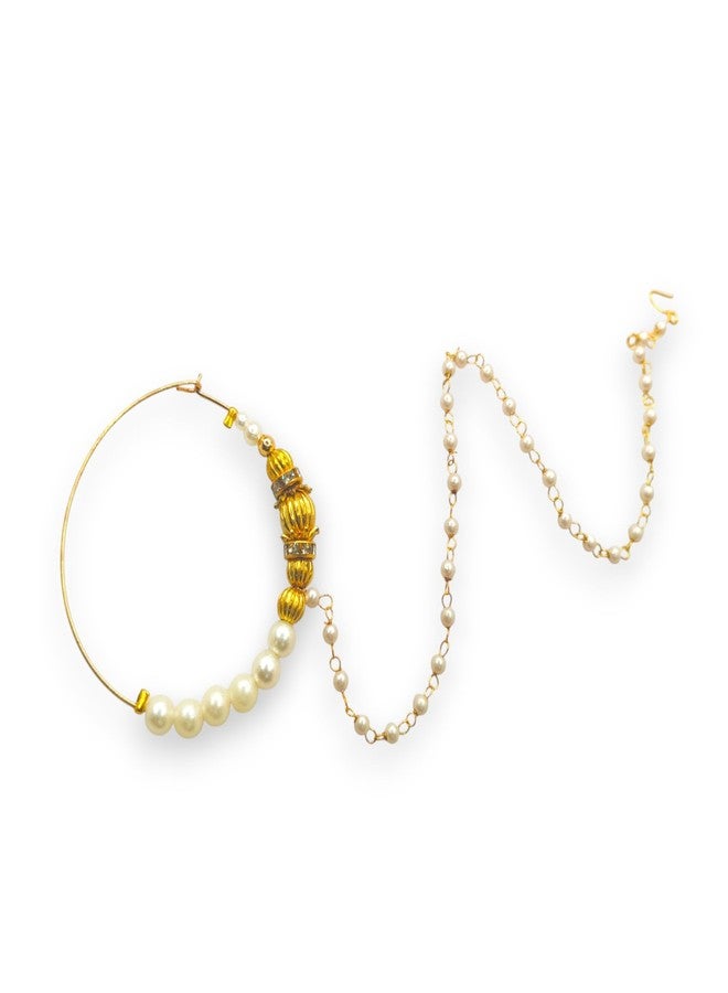 SUN SHINE Traditional Gold Pearl Nath Nose Ring, Indian Bridal Jewelry, Kundan Style - Image 1