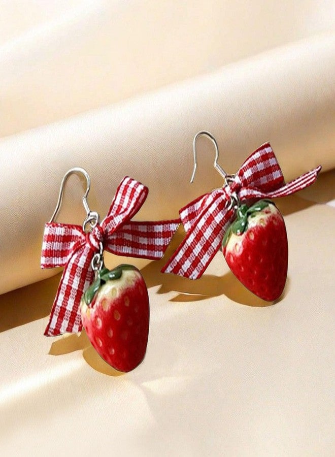 GLMOCM 3D Strawberry Earrings for Women Cute Bow Strawberry Earrings Acrylic Fruit Drop Dangle Earrings for Women Jewelry (A) - Image 5