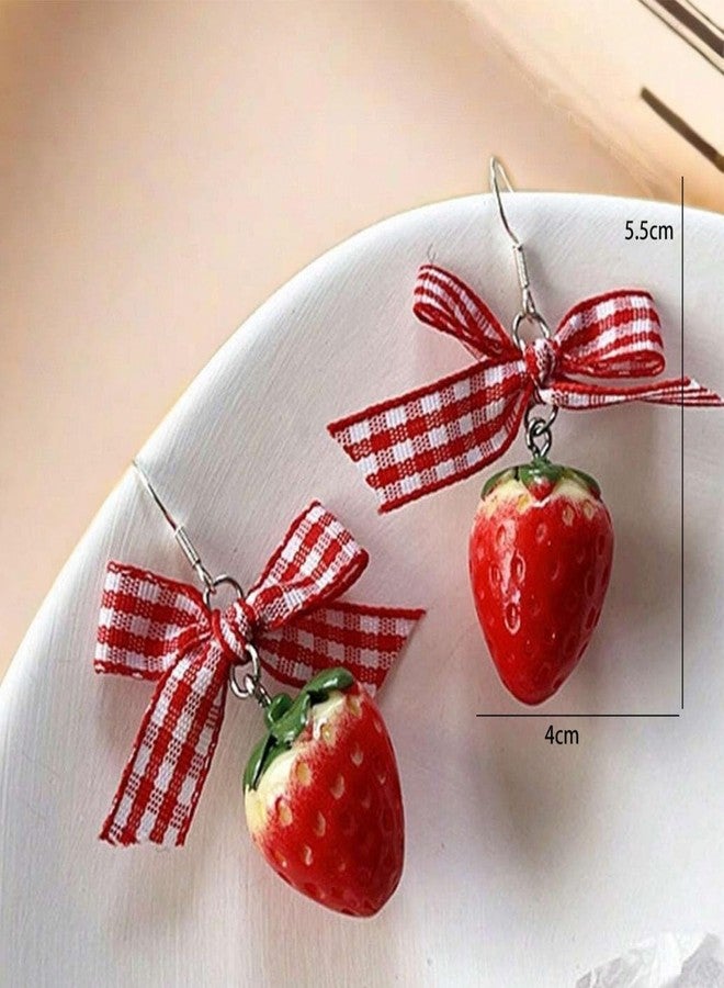 GLMOCM 3D Strawberry Earrings for Women Cute Bow Strawberry Earrings Acrylic Fruit Drop Dangle Earrings for Women Jewelry (A) - Image 4