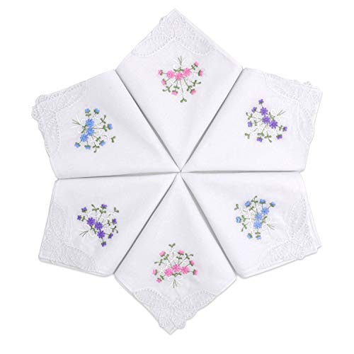 Selected Hanky Women's Cotton Handkerchiefs Flower Embroidered with Lace, Ladies Hankies 6 Pcs - Assorted - Image 1