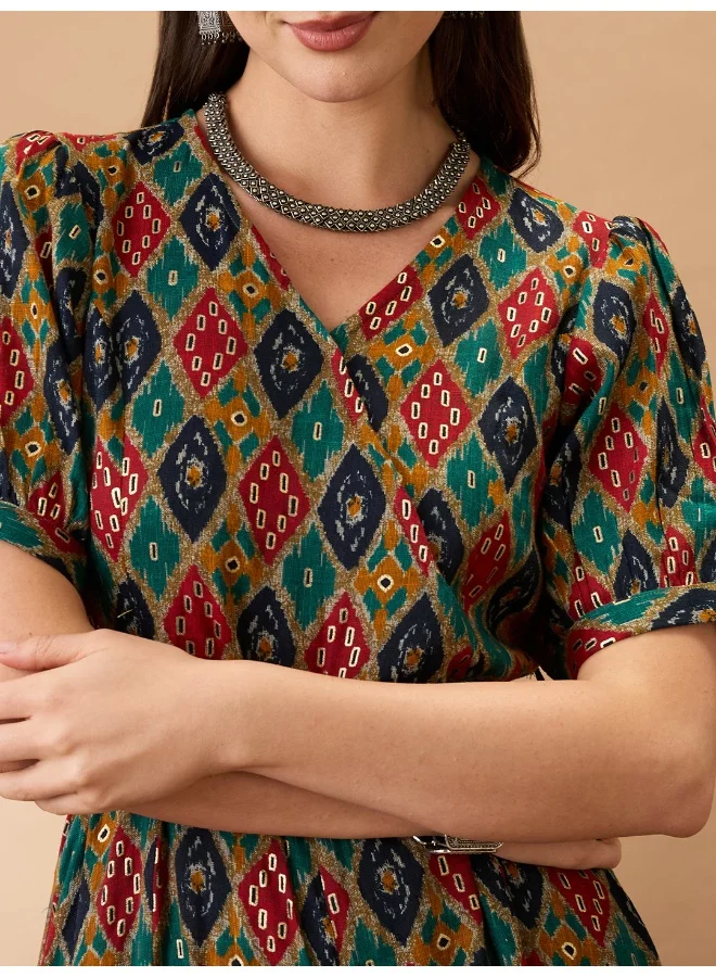 globus Women Multi Color Wrap V-Neck Puff Sleeves Ethnic Motifs Print Flared Wide Leg Fusion Jumpsuit with Belt