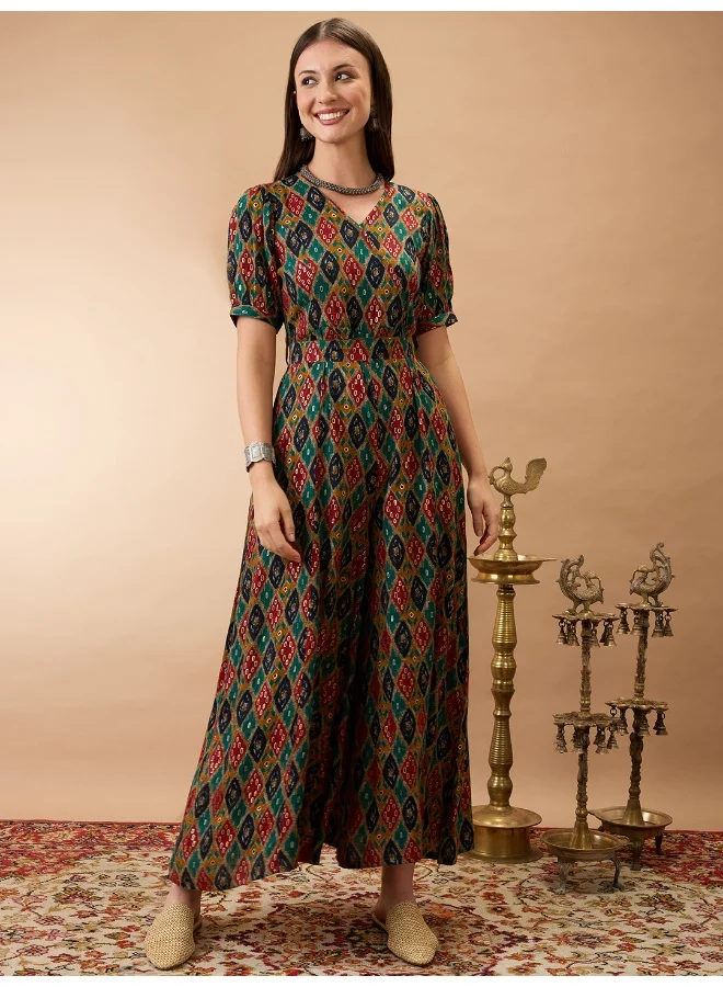 جلو باص Globus Women Multi Color Wrap V-Neck Puff Sleeves Ethnic Motifs Print Flared Wide Leg Fusion Jumpsuit with Belt