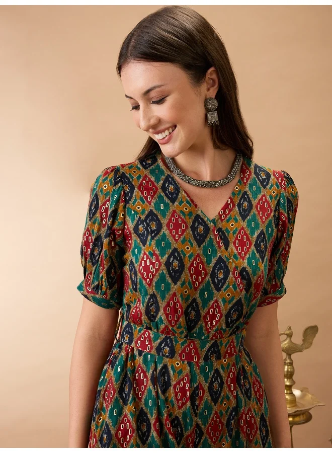 globus Women Multi Color Wrap V-Neck Puff Sleeves Ethnic Motifs Print Flared Wide Leg Fusion Jumpsuit with Belt