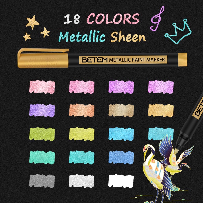Betem Metallic Paint Markers, 18 Colors Acrylic Paint Metallic Markers for Black Paper, 2mm Medium Tips Glitter Pens Scrapbooking Supplies, Egg Decorating Kit, for Rock Painting, Cards, Photo Albums - Image 2