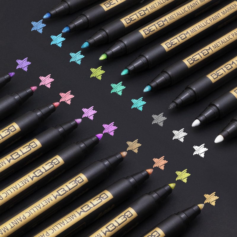 Betem Metallic Paint Markers, 18 Colors Acrylic Paint Metallic Markers for Black Paper, 2mm Medium Tips Glitter Pens Scrapbooking Supplies, Egg Decorating Kit, for Rock Painting, Cards, Photo Albums - Image 1
