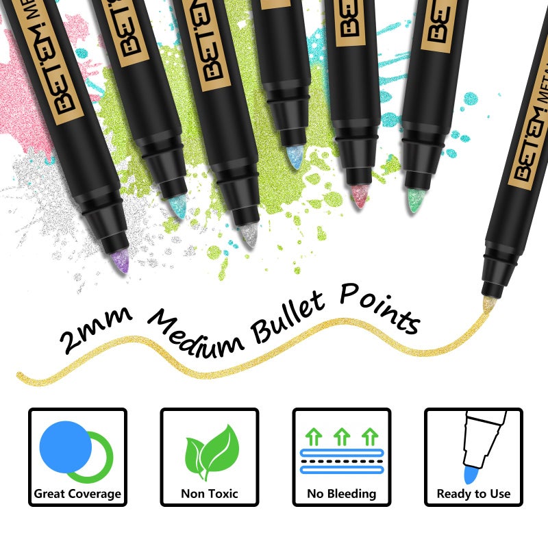 Betem Metallic Paint Markers, 18 Colors Acrylic Paint Metallic Markers for Black Paper, 2mm Medium Tips Glitter Pens Scrapbooking Supplies, Egg Decorating Kit, for Rock Painting, Cards, Photo Albums - Image 3