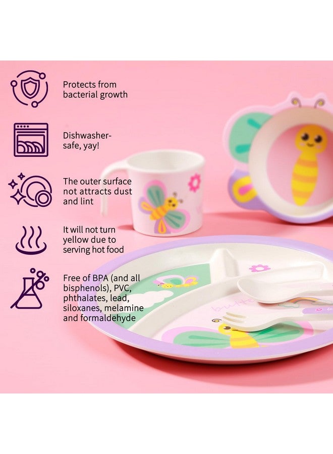 PHEENOWL طقم أدوات تناول الطعام للأطفال PHEENOWL 5 قطع يشمل طبق مقسم، وعاء، كوب، شوكة، ملعقة، أدوات، خالي من BPA، مصنوع من ألياف الخيزران، مثالي للفتيات - فراشة - Image 4