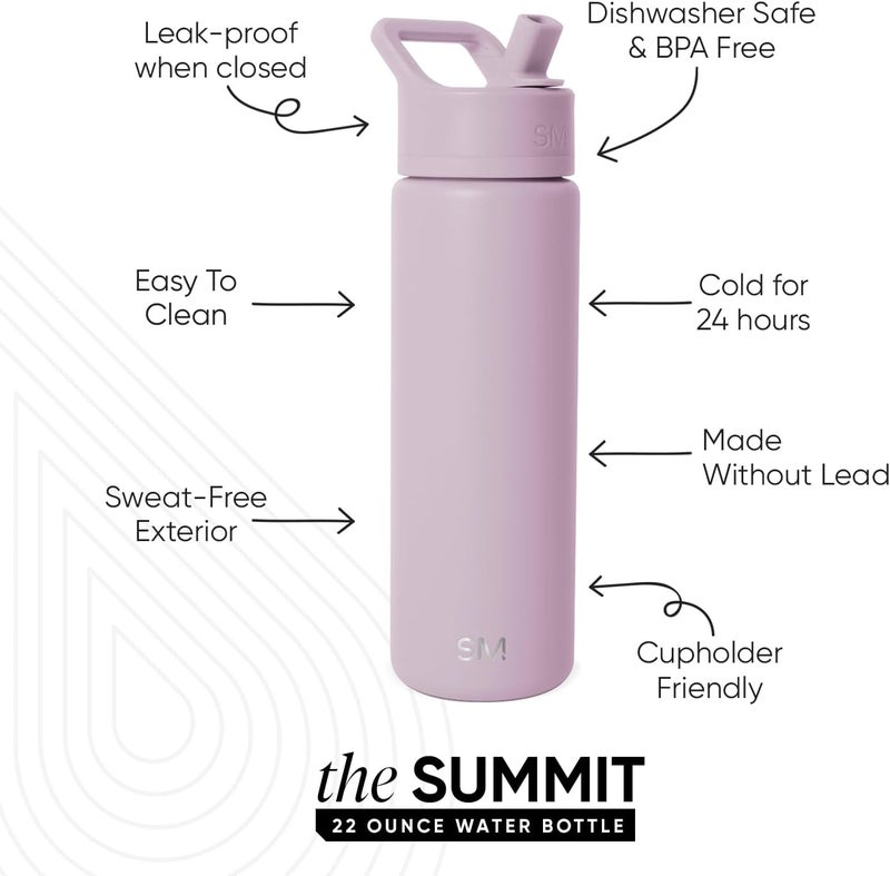 Water Bottle with Straw Lid Vacuum Insulated Stainless Steel Metal Thermos Bottles | Reusable Leak Proof BPA-Free Flask for Gym, Travel, Sports | Summit Collection | 22oz, Lavender Mist - Image 1
