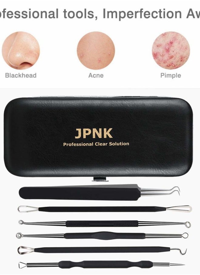 JPNK - Blackhead Remover Tool Comedones Extractor Acne Removal Kit for Blemish, Whitehead Popping, 6 Pcs Zit Removing for Nose Face Tools with a Leather Bag (Black) - Image 1