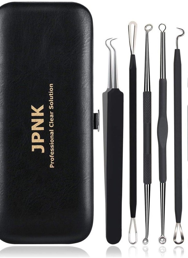 JPNK - Blackhead Remover Tool Comedones Extractor Acne Removal Kit for Blemish, Whitehead Popping, 6 Pcs Zit Removing for Nose Face Tools with a Leather Bag (Black) - Image 1