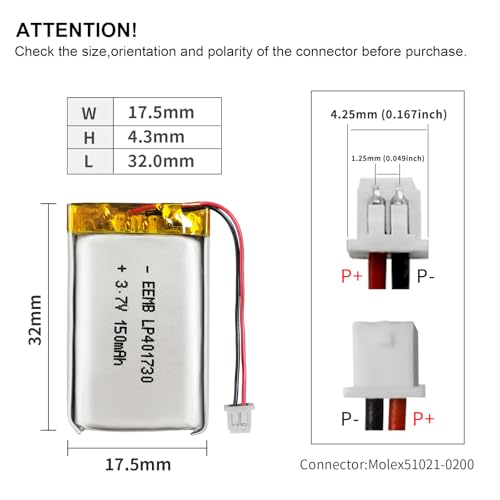 EEMB Lithium Polymer Battery 3.7V 150mAh 401730 Lipo Rechargeable Battery Pack with Wire Molex 1.25mm Connector for Speaker and Wireless Device- Confirm Device & Connector Polarity Before Purchase - Image 3