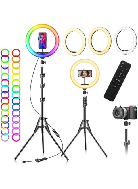 Ring Light with Tripod Stand Phone Holder |22 inch Selfie LED Ringlight Dimmable Desktop Lamp 40 Colors RGB Tall Circle Light for Camera Makeup Video YouTube with Remote Stand MJ-56