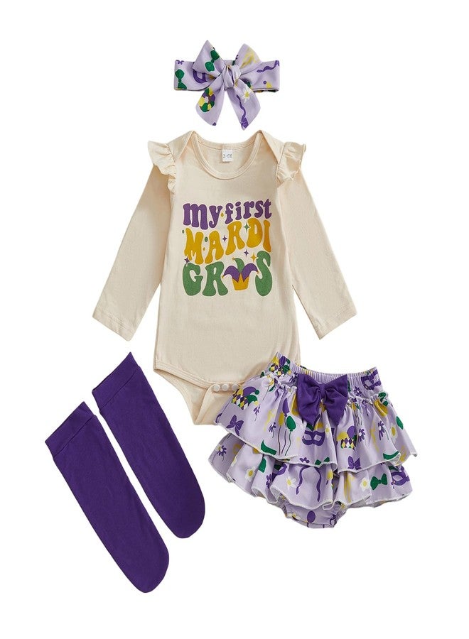 Thorn Tree Baby Girl My First Mardi Gras Outfit Letter Ruffle Long Sleeve Romper Tiered Shorts Headband Long Socks Newborn Set (Purple, 6-12 Months) - Image 1