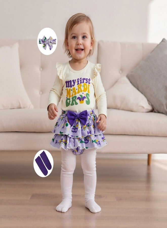 Thorn Tree Baby Girl My First Mardi Gras Outfit Letter Ruffle Long Sleeve Romper Tiered Shorts Headband Long Socks Newborn Set (Purple, 6-12 Months) - Image 2