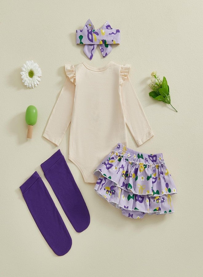 Thorn Tree Baby Girl My First Mardi Gras Outfit Letter Ruffle Long Sleeve Romper Tiered Shorts Headband Long Socks Newborn Set (Purple, 6-12 Months) - Image 4
