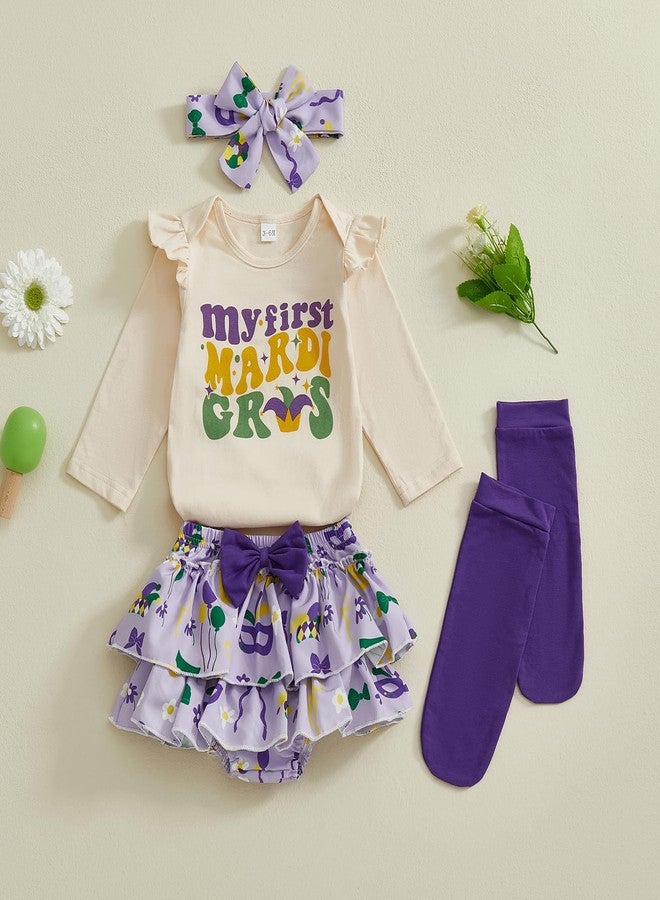 Thorn Tree Baby Girl My First Mardi Gras Outfit Letter Ruffle Long Sleeve Romper Tiered Shorts Headband Long Socks Newborn Set (Purple, 6-12 Months) - Image 3