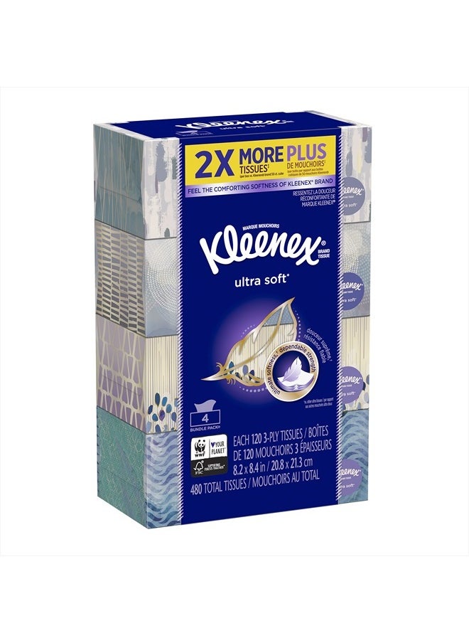 Kleenex Ultra Soft Facial Tissue Regular (Pack of 4), 3 ply, White, 480 Count (Pack of 4) 
