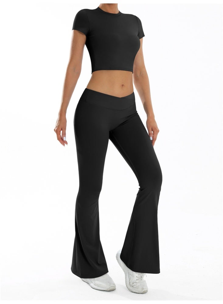 general 2 Pieces Yoga Set Gym Sportswear Workout Clothes Sport Flared Leggings Short Sleeve Tracksuits - Image 2