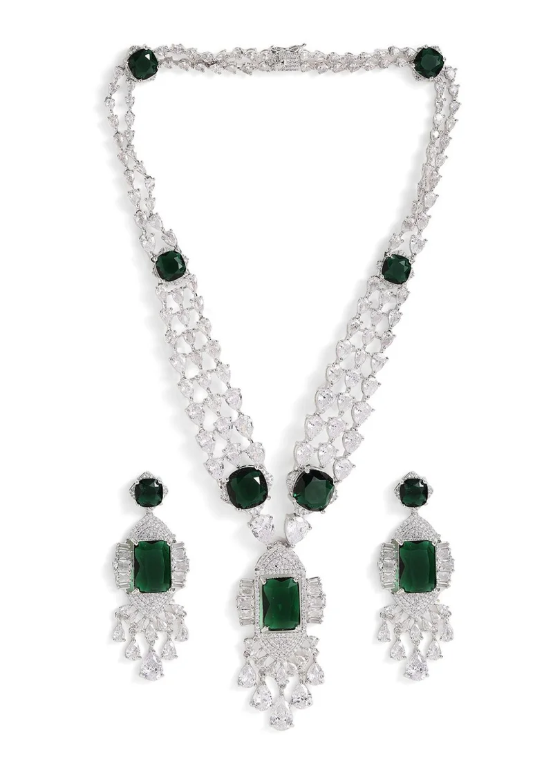 Priyaasi American Diamond-Studded Floral Necklace and Earrings