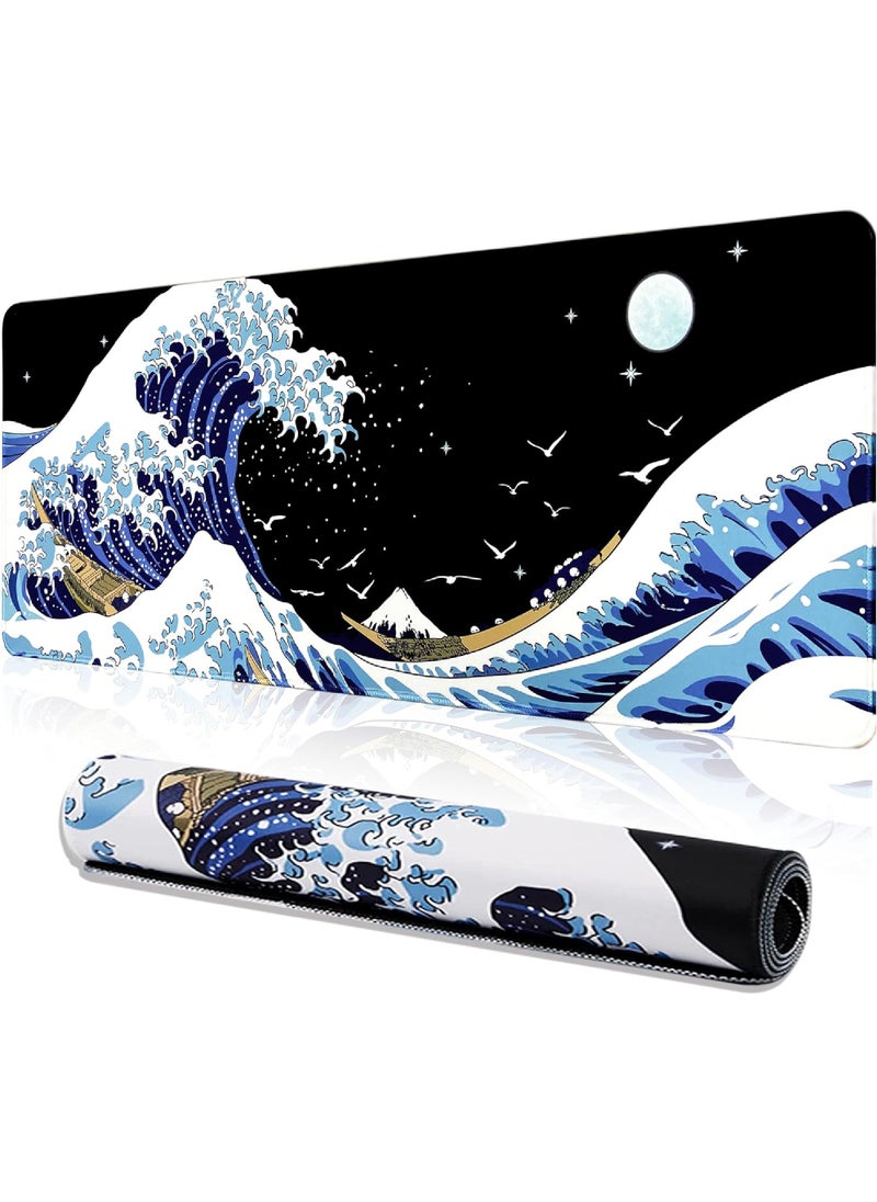 روك بو - لوحة ماوس كمبيوتر محمول للألعاب Sea Wave Big Mouse Pads PC Keyboard مقاومة للماء وغير قابلة للانزلاق 800 * 300 * 3 مم بساط طاولة مطاطي Kanagawa Surfing ولوحات الماوس - Image 1