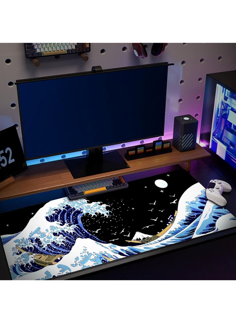 روك بو - لوحة ماوس كمبيوتر محمول للألعاب Sea Wave Big Mouse Pads PC Keyboard مقاومة للماء وغير قابلة للانزلاق 800 * 300 * 3 مم بساط طاولة مطاطي Kanagawa Surfing ولوحات الماوس - Image 1