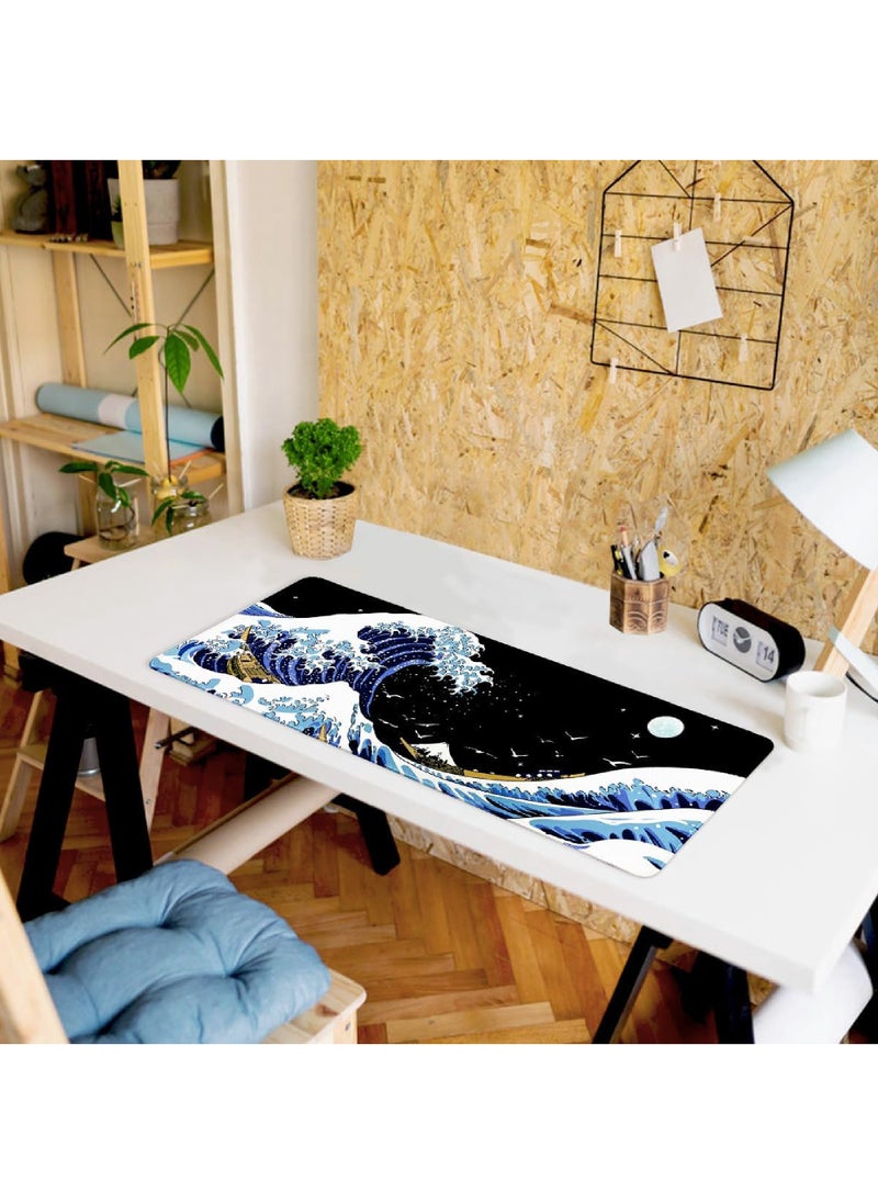 روك بو - لوحة ماوس كمبيوتر محمول للألعاب Sea Wave Big Mouse Pads PC Keyboard مقاومة للماء وغير قابلة للانزلاق 800 * 300 * 3 مم بساط طاولة مطاطي Kanagawa Surfing ولوحات الماوس - Image 1