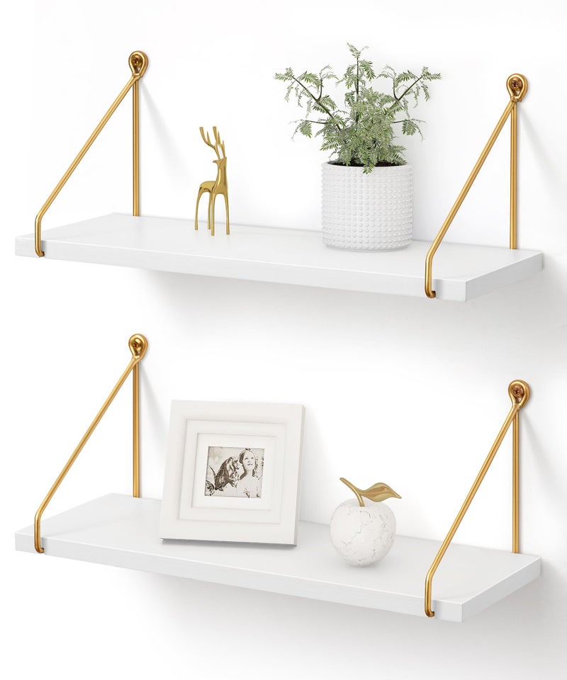 Afuly Floating Shelves for Wall, Metallic Gold White Wall Mounted Shelves, Shelves for Bathroom Kitchen Bedroom Solid Wood Metal Chic Bookshelf, Set of 2 - Image 1