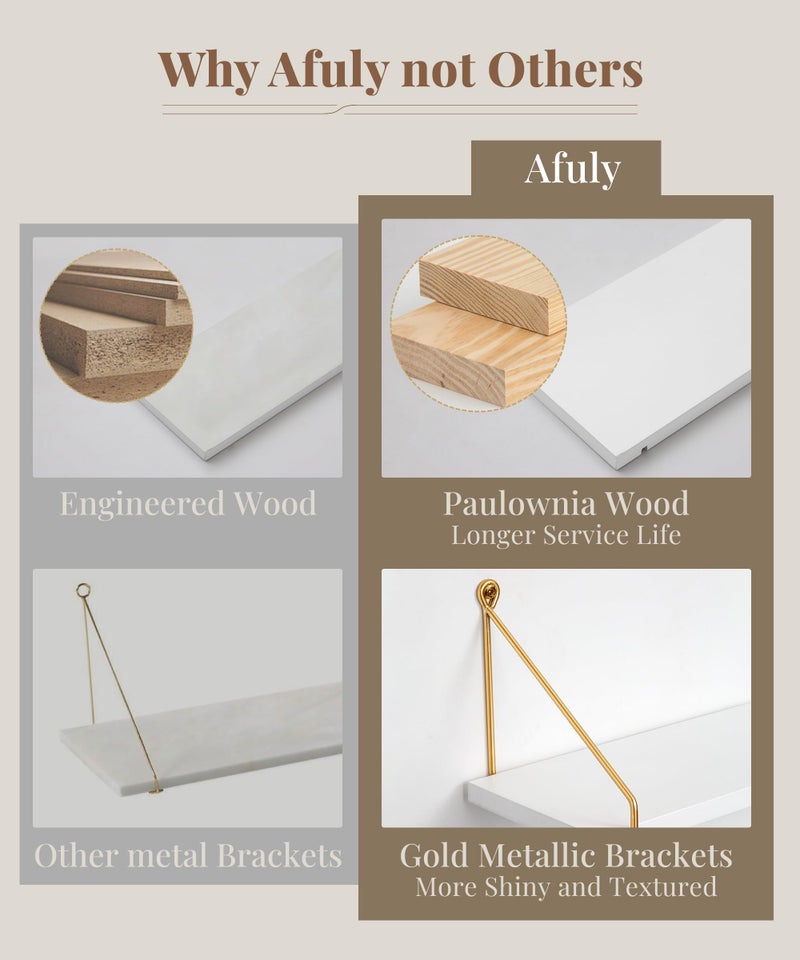 Afuly Floating Shelves for Wall, Metallic Gold White Wall Mounted Shelves, Shelves for Bathroom Kitchen Bedroom Solid Wood Metal Chic Bookshelf, Set of 2 - Image 4