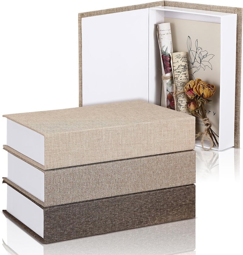 Tioncy 3 Pcs Fake Book Box Neutral Linen Book Box Decorative Faux Prop Storage for Farmhouse Home Decor shelf Table Card Photo DIY Keepsake Gift(8.6 x 6.1 x 1.8 Inch,Khaki, Dark Coffee, Light Coffee) - Image 1
