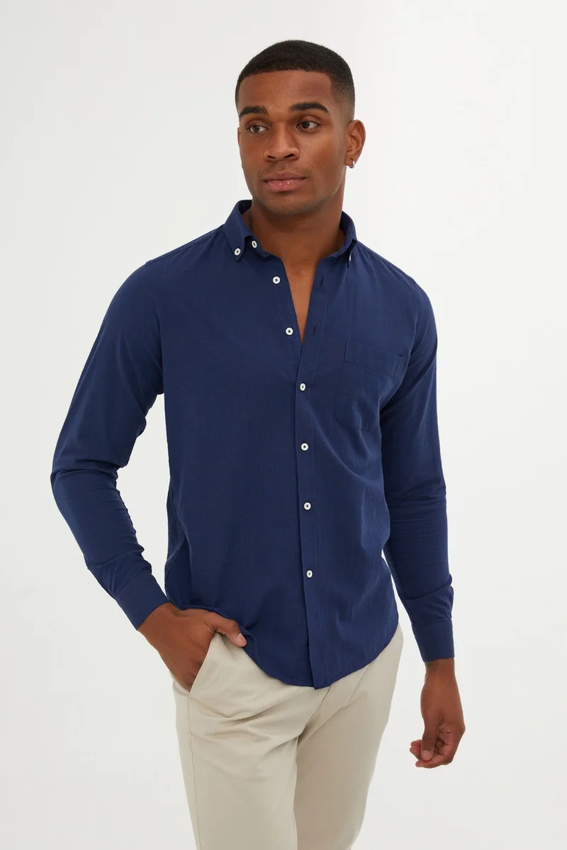 هاتيموغلو Men's Navy Blue Casual Slim Fit Shirt