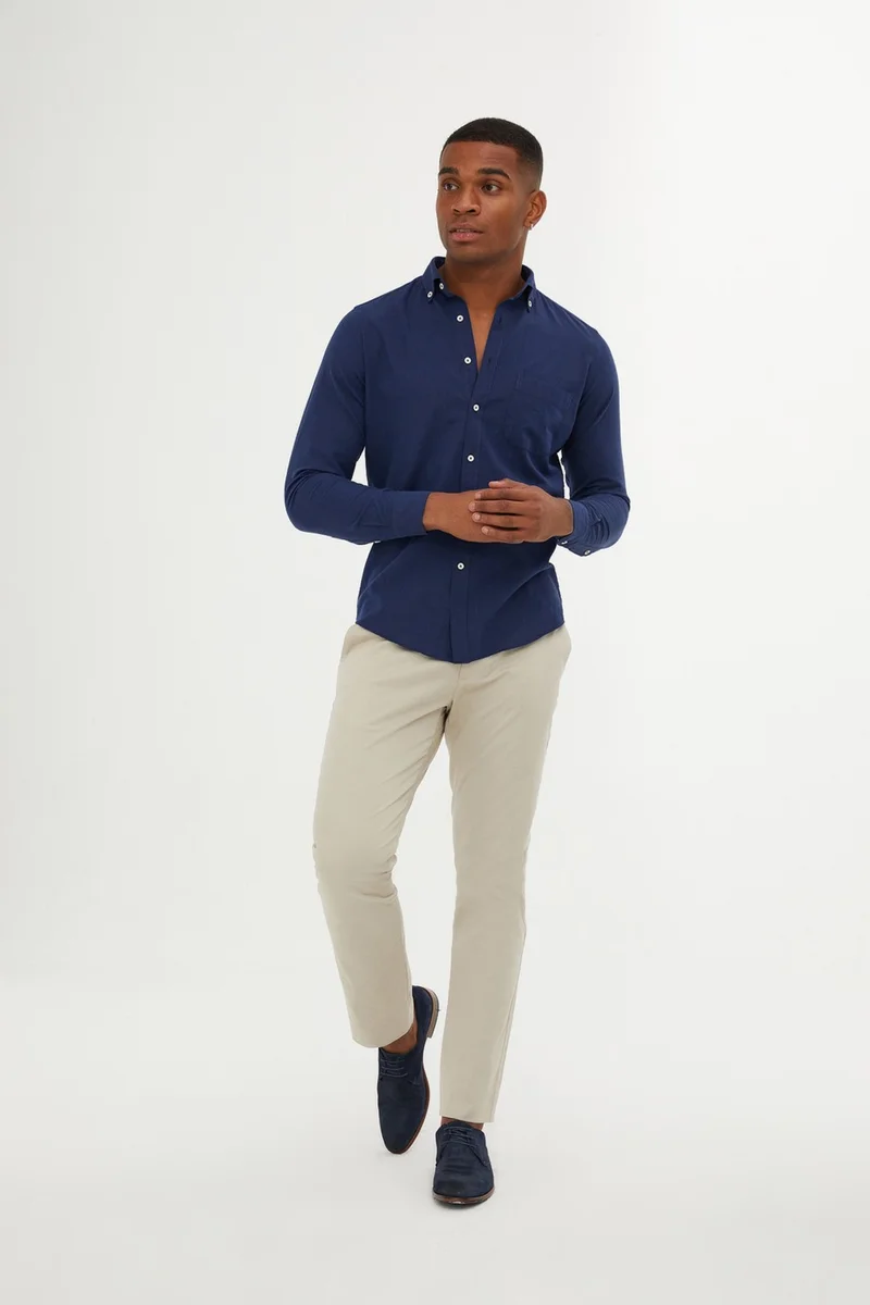 هاتيموغلو Men's Navy Blue Casual Slim Fit Shirt