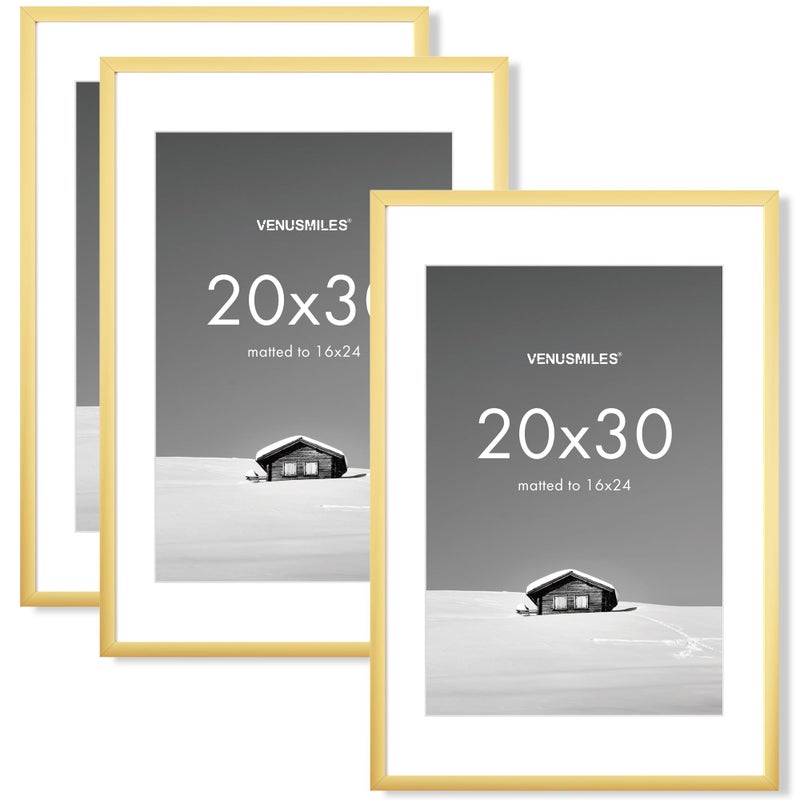 Venusmiles 20x30 inch Picture Frame, 20x30 Photo Frames with 16x24 Removable Mat - High Definition Plexiglass - Vertical and Horizontal Display - Wall Hanging Poster Frame - Gold, 3 Pack - Image 1