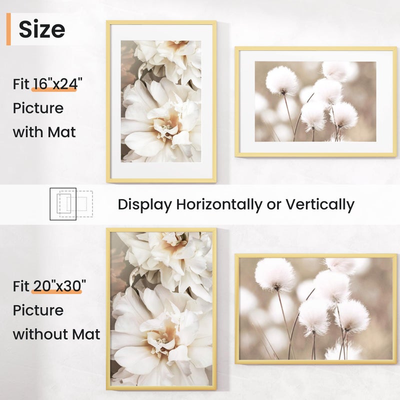 Venusmiles 20x30 inch Picture Frame, 20x30 Photo Frames with 16x24 Removable Mat - High Definition Plexiglass - Vertical and Horizontal Display - Wall Hanging Poster Frame - Gold, 3 Pack - Image 3