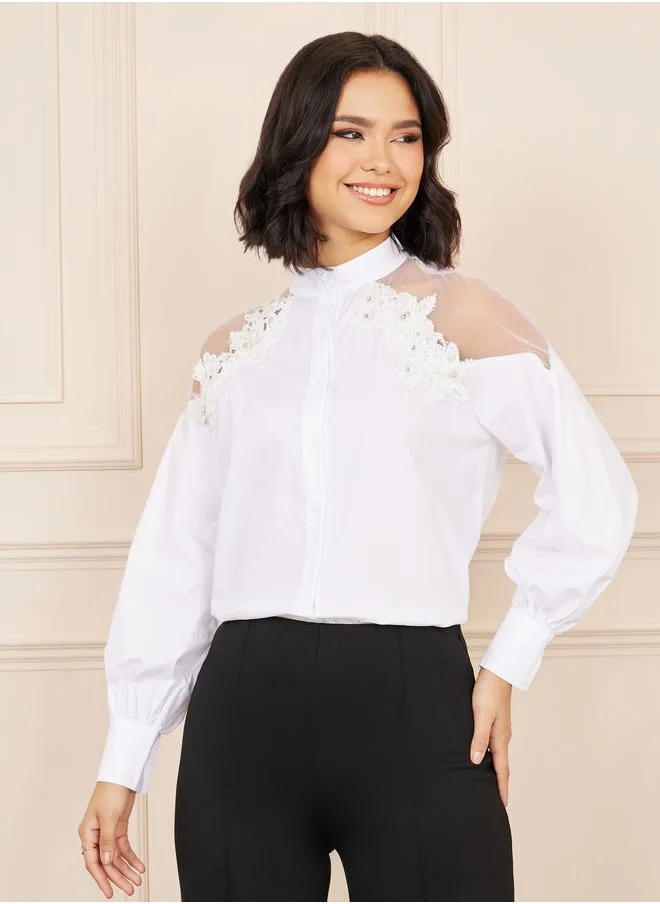 Styli Floral Applique Mesh Insert Mandarin Collar Blouse